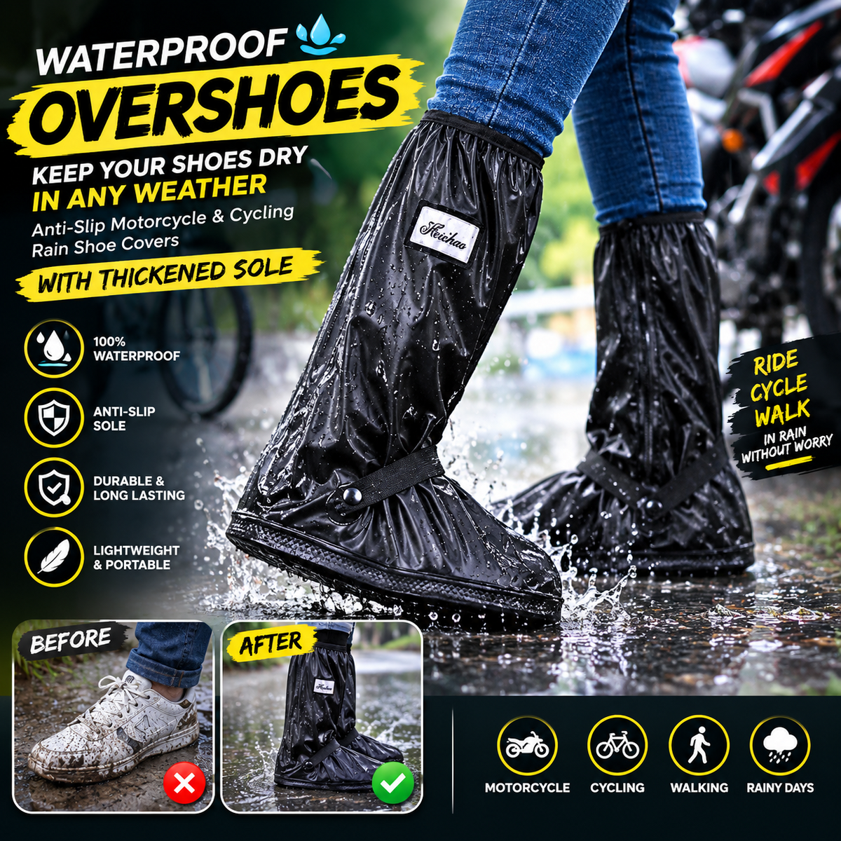 Waterproof Overshoes – Anti-Slip Motorcycle & Cycling Rain Shoe Covers with Thickened Sole