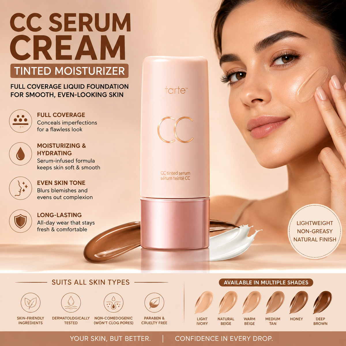 CC Serum Cream Tinted Moisturizer – Full Coverage Liquid Foundation for Smooth, Even-Looking Skin