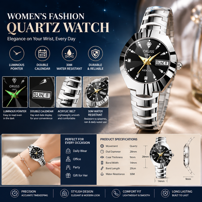 Women’s Fashion Quartz Watch – Luminous Dial with Acrylic Strap, Double Calendar & 30M Water Resistance
