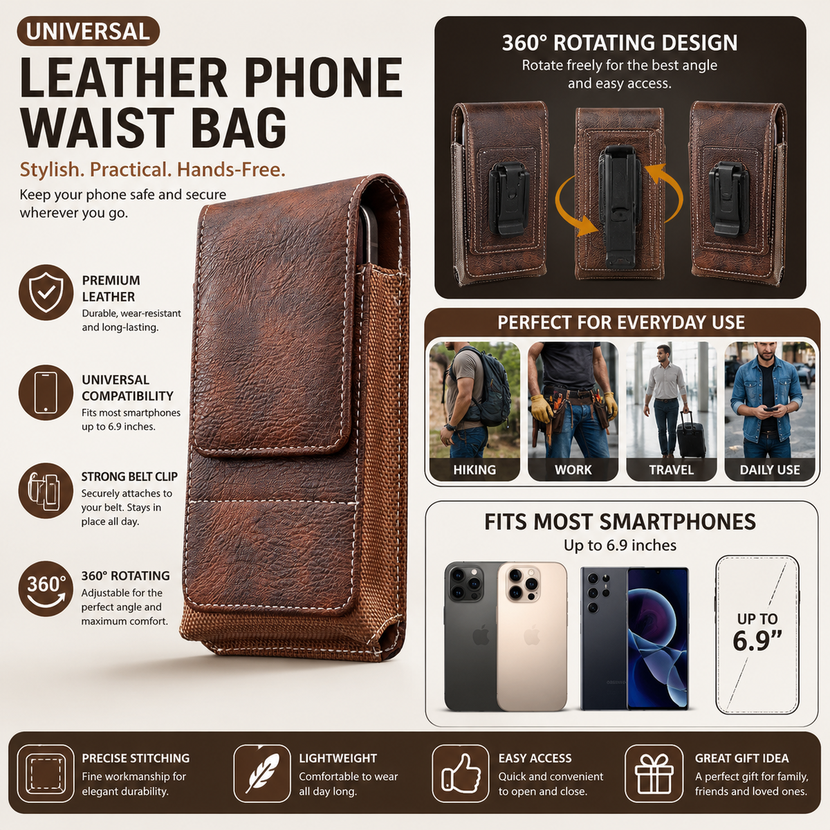 Universal Leather Phone Waist Bag – 360° Rotating Belt Clip Case