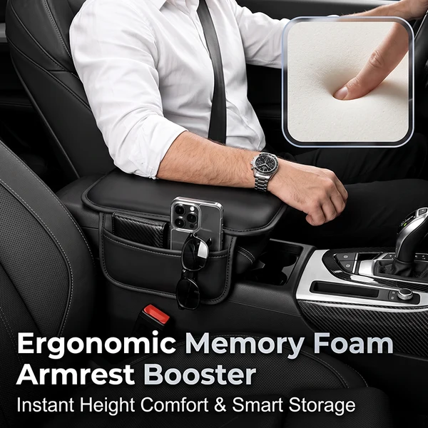 Car Center Console Armrest Cover – PU Leather Cushion with Side Storage Pocket & Protector Mat