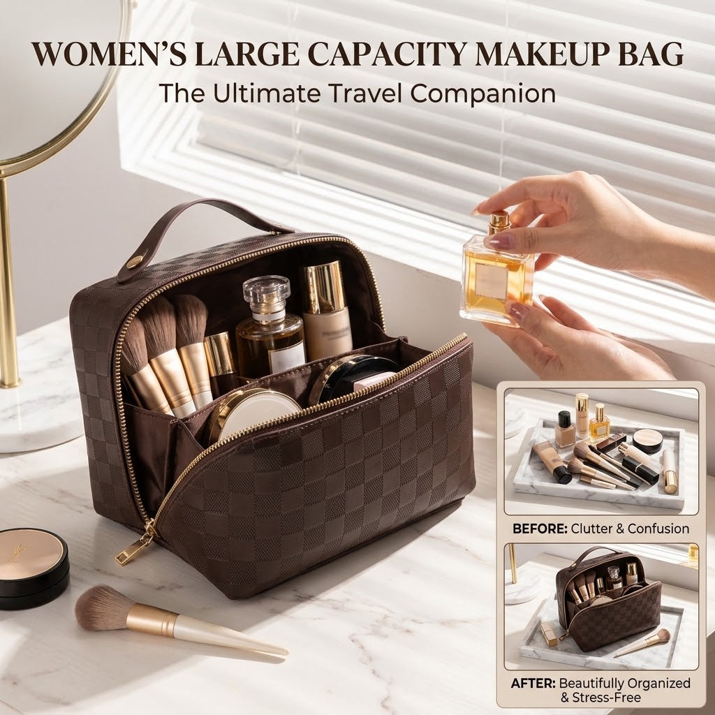 PU Leather Large Capacity Makeup Bag Organizer with Compartments